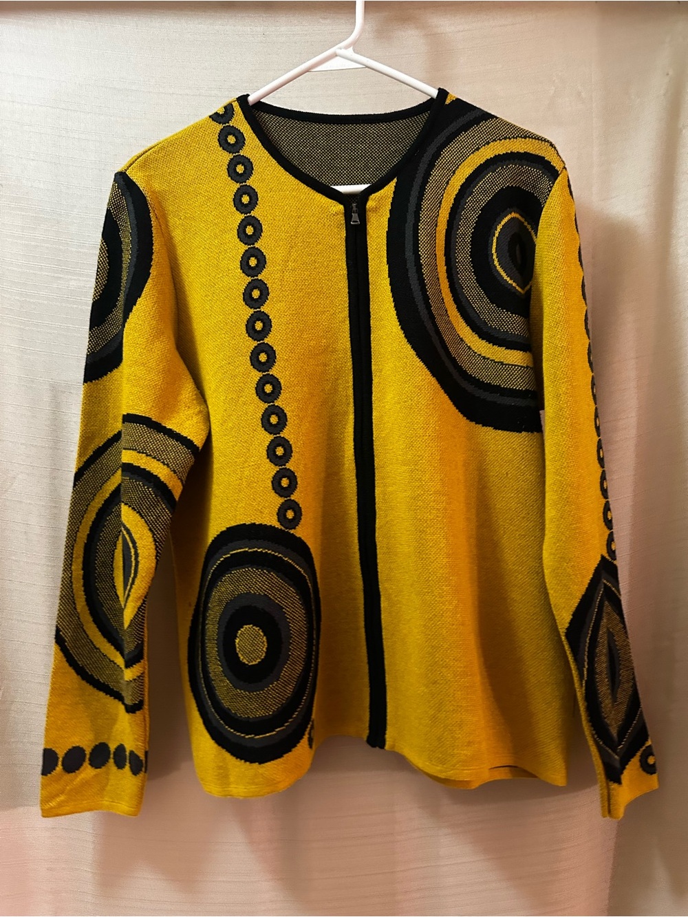 Enatri Womens Abstract Geometric Knit Zip Cardigan Sweater Cotton Mustard